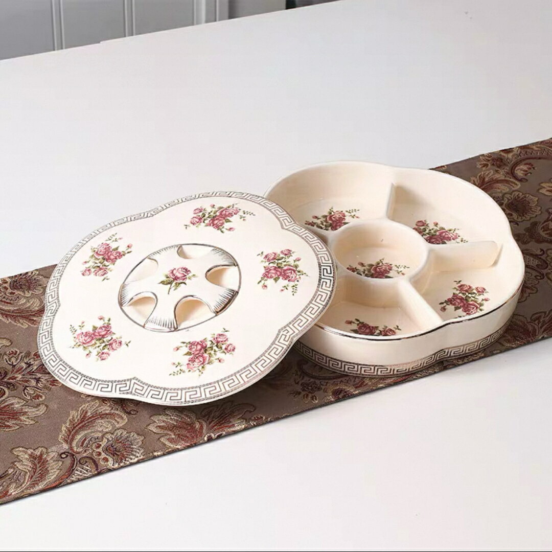 A064927ローズ柄 陶器製 蓋付きスナックボックス 仕切り付き 菓子入れ 果物皿 高級感