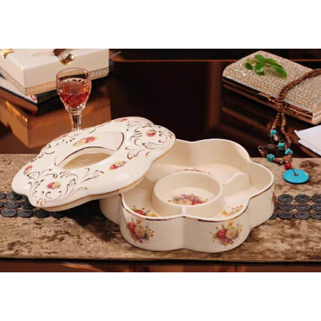 A064928ヨーロピアン風 花柄陶器製 蓋付きお菓子ボックス スナックトレー 果物皿