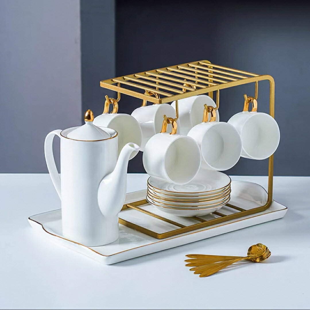 A064982ティーカップセット 6客＋ソーサー＋カップホルダー付 高級磁器 ティーポット付き