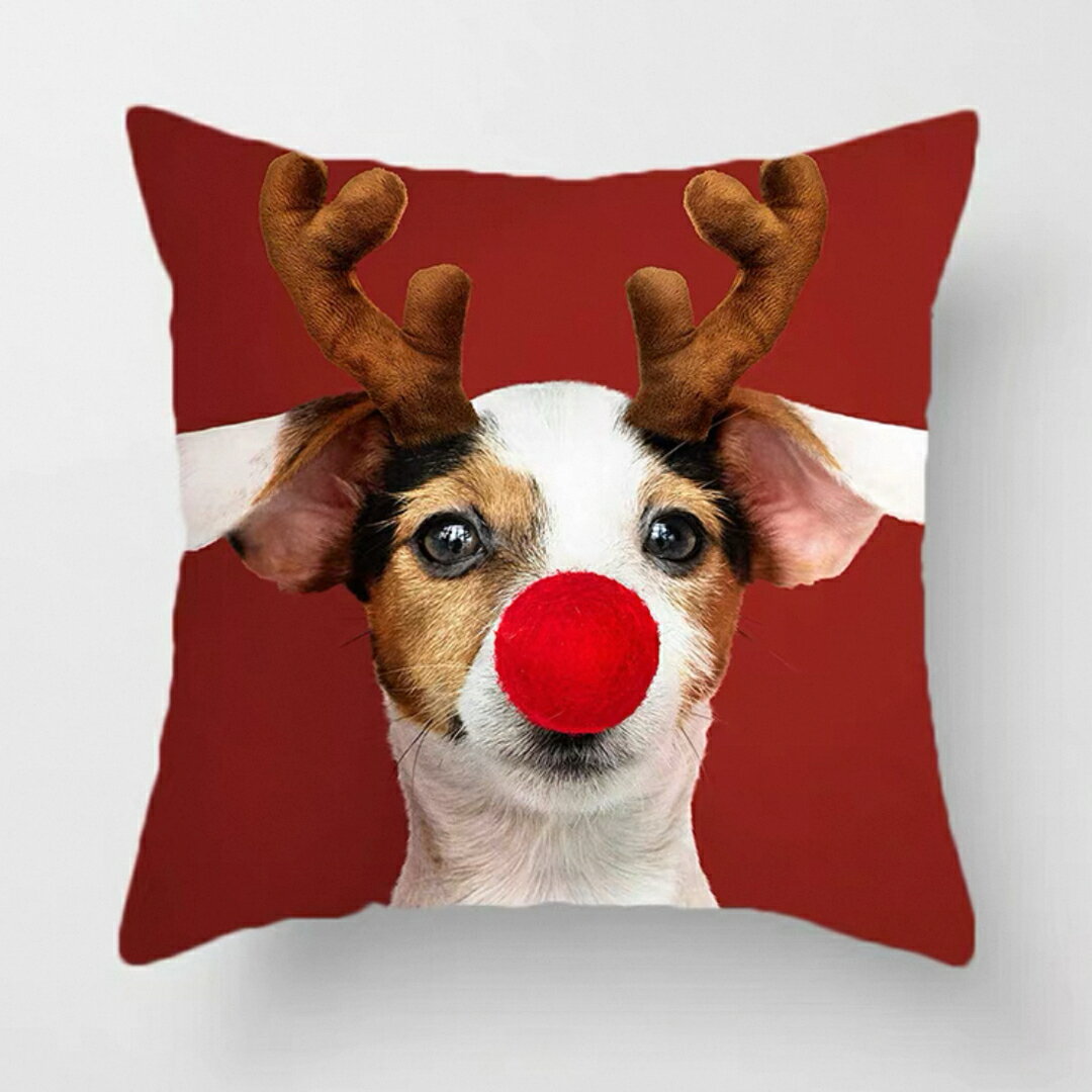 A065019トナカイコスチュームの犬 クッションカバー クリスマスデザイン インテリアピロー