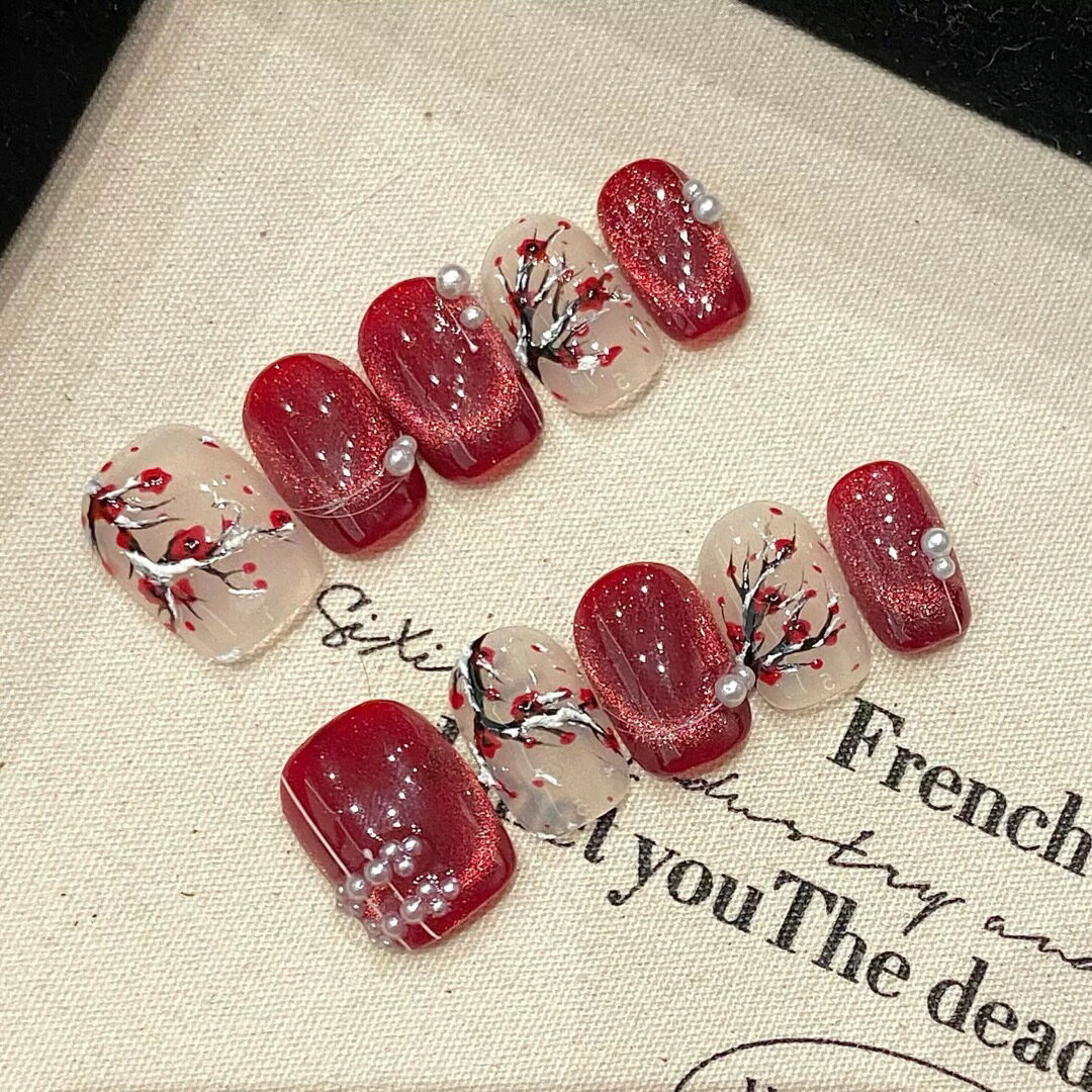 A0650783Dネイルチップ紅梅アート和風ネイル パール付きディープレッド 超短楕円16mm
