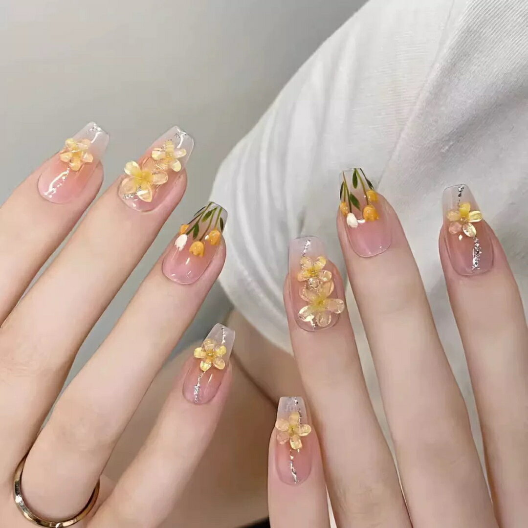 A0650833Dネイルチップ 花柄イエローフラワー ナチュラルクリアネイル 春ネイル