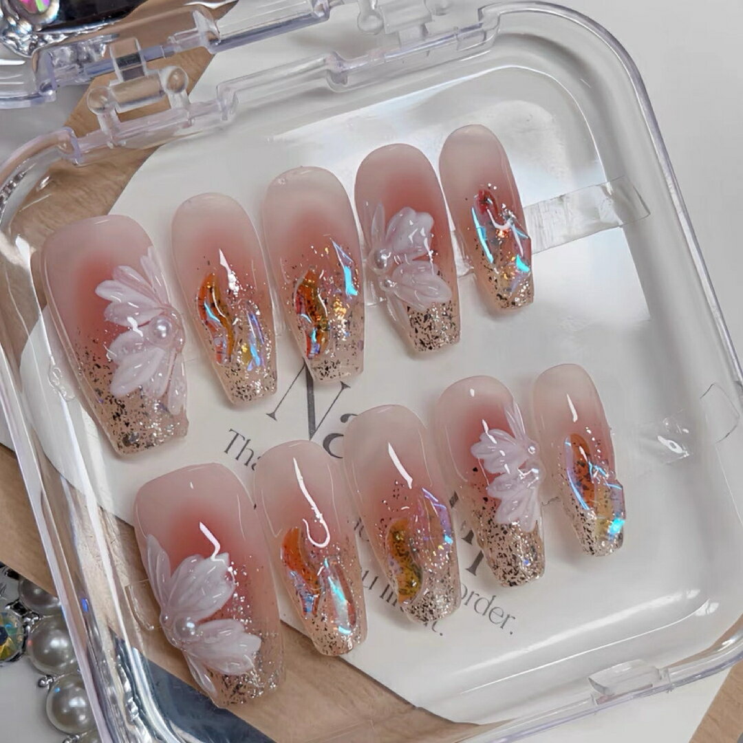 A065097ネイルチップ フラワー×金箔グラデーション×オーロラ可愛い ゴージャス系ネイル