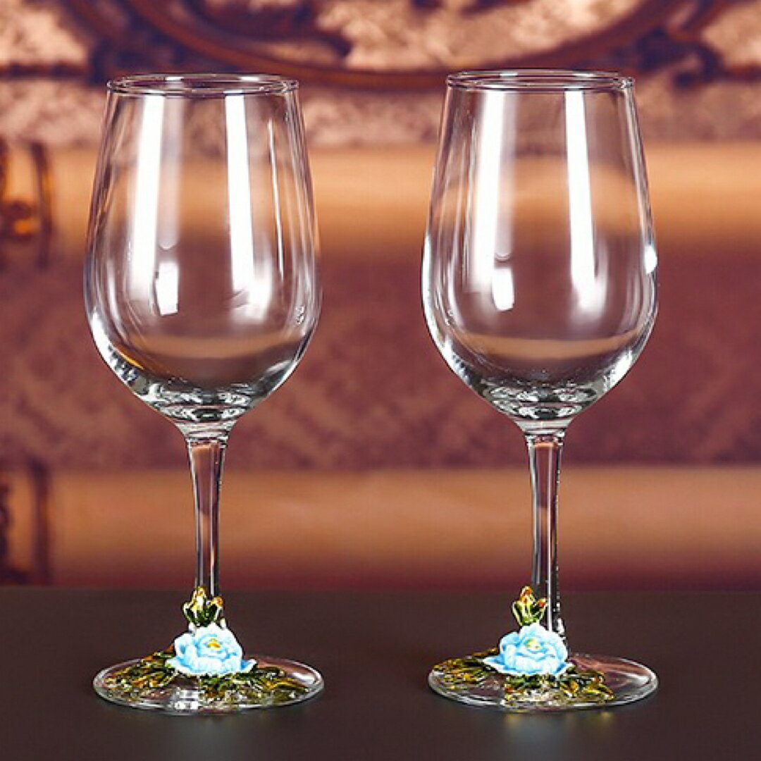 A065643牡丹花モチーフ ブルー シンプル ワイングラス ペアセット おしゃれ花柄ガラス製