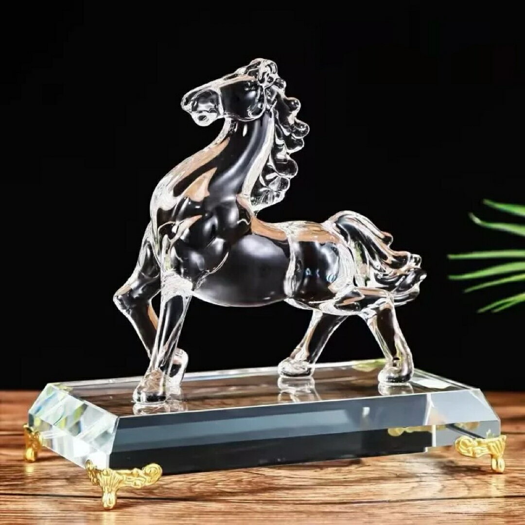 クリスタル招財馬 透明ホース 台座付き インテリア置物 開運・商売繁盛・成功祈願