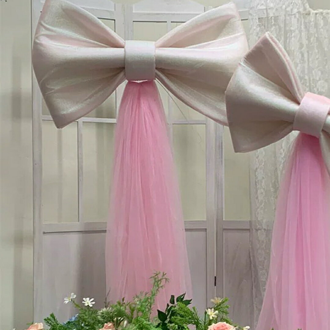 特大リボン装飾 結婚式ロングテール演出 ウェディング撮影 背景デコレーション