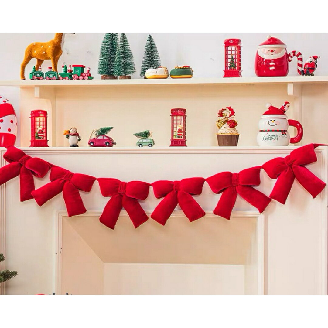 クリスマス装飾 蝶結びガーランド 1.2m 赤ベルベット 壁飾り 窓棚デコ(3.0)