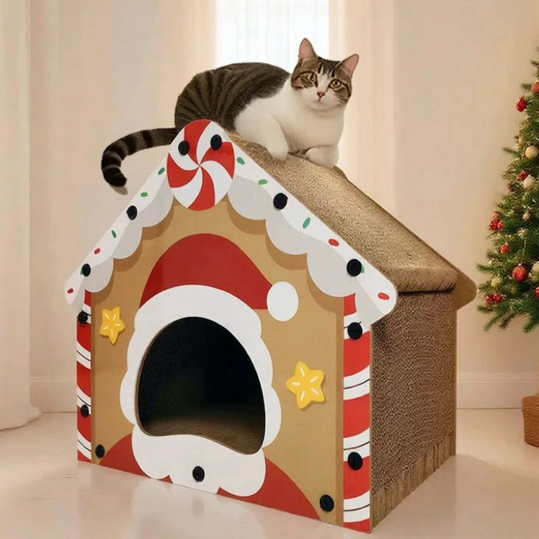 クリスマス猫ハウス キャットスクラッチハウス 段ボールハウス 隠れ家 猫ベッド