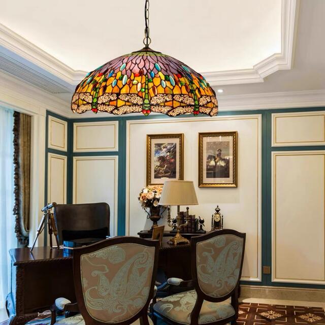 A004217高級ステンドグラス.ペンダントライト豪華天井照明ステンドグラスランプガラス工芸品 電源直結..