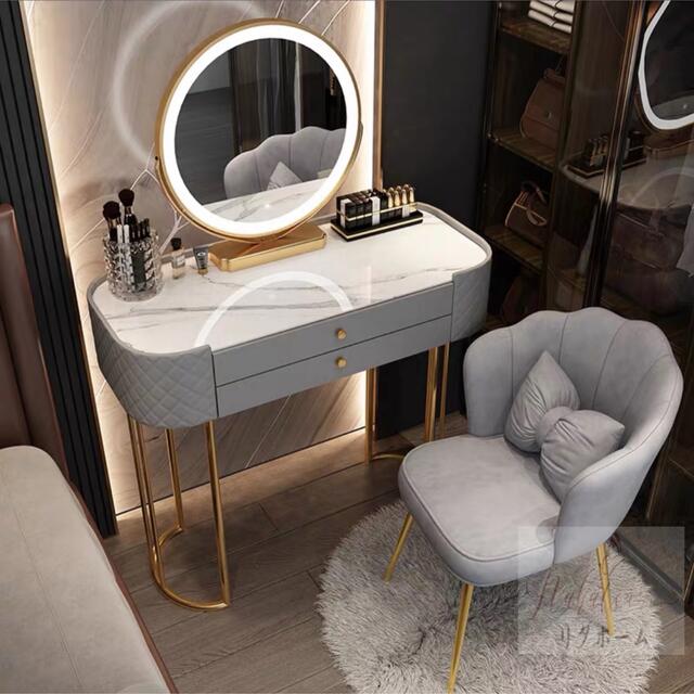 A004446アンティーク調 ドレッサー 化粧台セット鏡台スツール付 ミラー鏡LEDライト付