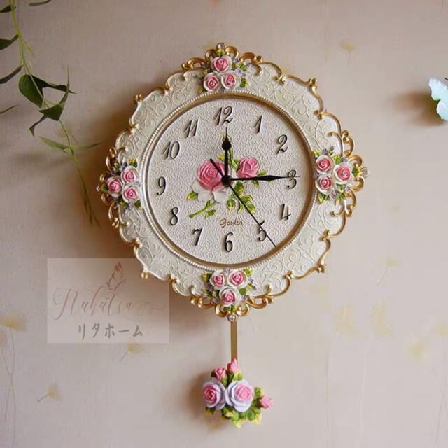 A006527インテリア 壁掛け時計 靜音 かけ時計 姫系雑貨 振り子時計 クロック花柄