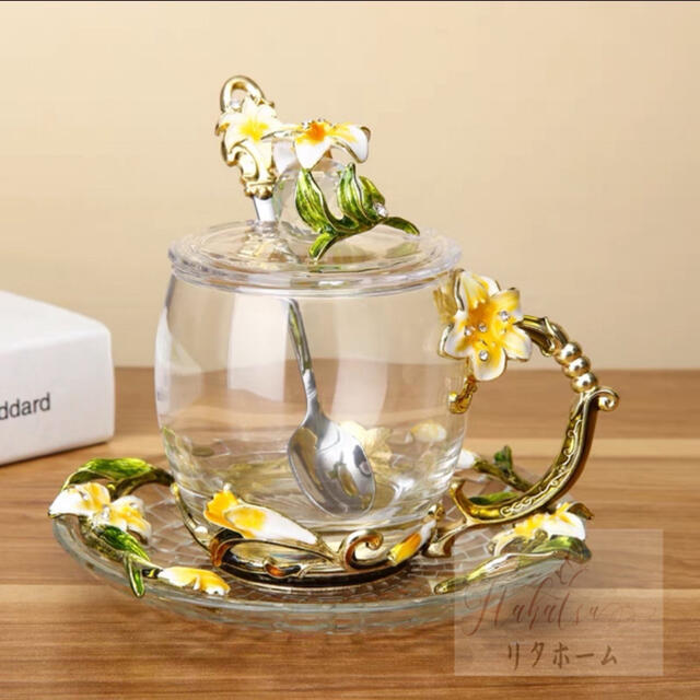 A006855ガラス製ティー・コーヒーカップセットカップ＆ソーサー1客琺瑯質彩カップ4点セット