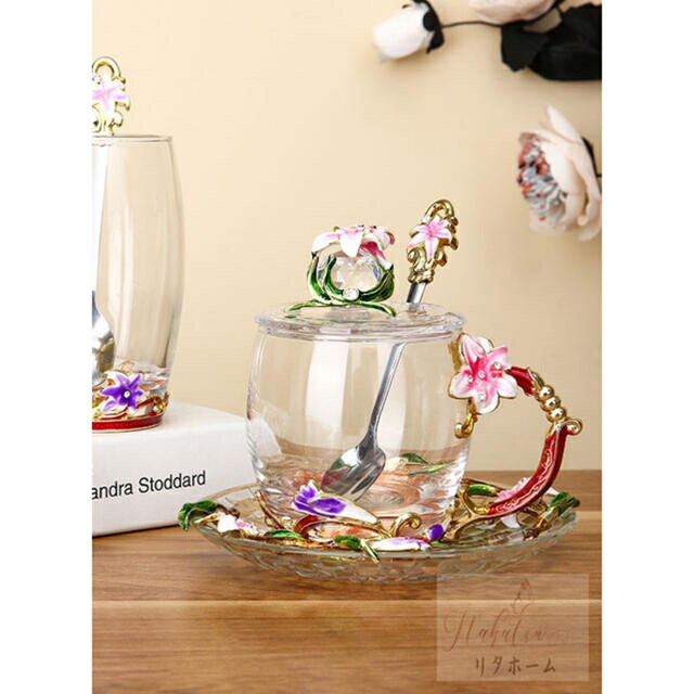 A006858ガラス製ティー・コーヒーカップセットカップ＆ソーサー1客琺瑯質彩カップ4点セット