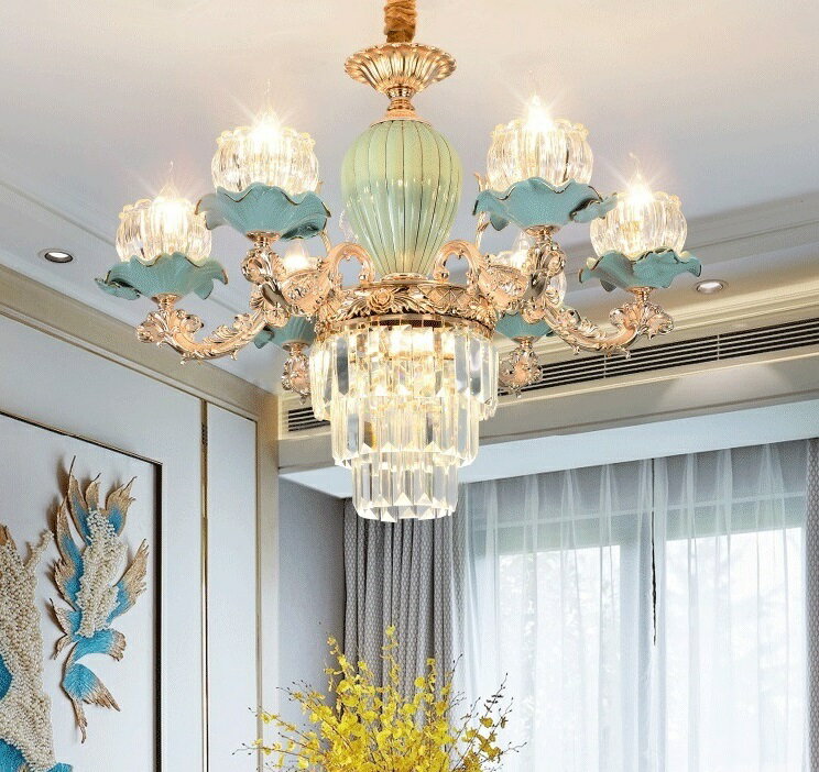 A051595L12-6陶器.水晶ガラス.ペンダントライト．洋風照明 シャンデリア 北欧デザイン シーリングライト不可 天井照明 花柄 6灯 姫系、フェミニン 電源直結タイプ