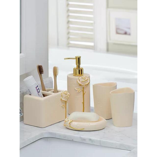 A057919高級サニタリー5点セットディスペンサー 歯ブラシスタンド 洗面所用品