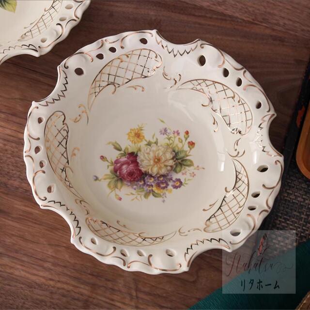 A058184高級果物皿　盛り皿 お菓子皿、フルーツプレート 花柄豪華〜果物カゴ お菓子鉢