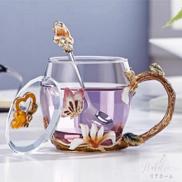 A058247花柄ガラス製 ティーカップ 3点セット食器 コーヒーカップ 豪華カップセット