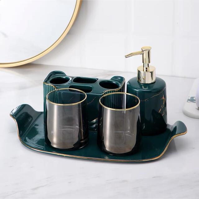 A041827高級サニタリー5点セット．ディスペンサー 歯ブラシスタンド 洗面用品セット