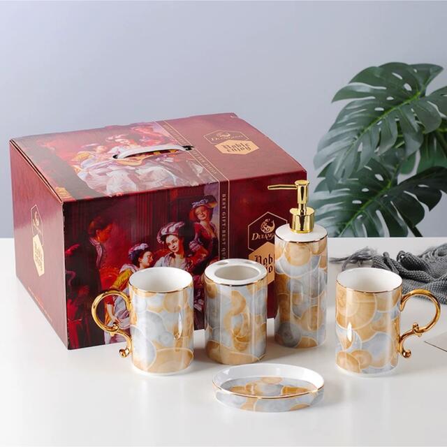 A042092高級サニタリー5点セット．ディスペンサー 歯ブラシスタンド 洗面用品