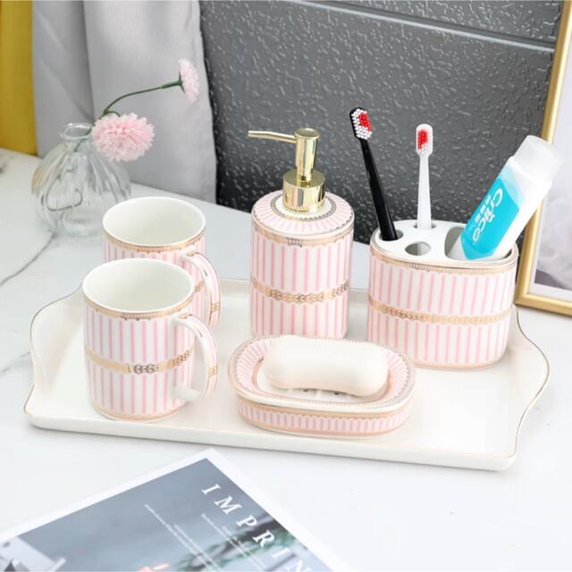 A042147高級サニタリー6点セット．ディスペンサー 歯ブラシスタンド 洗面用品