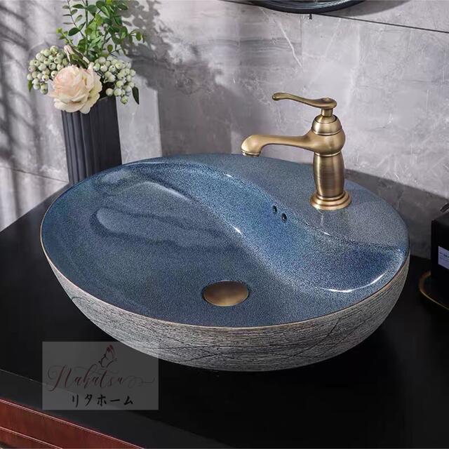 A042313高級洗面台 洗面ボウルセット洗面ボール 陶器 手水鉢 手洗器蛇口 排水金具付き