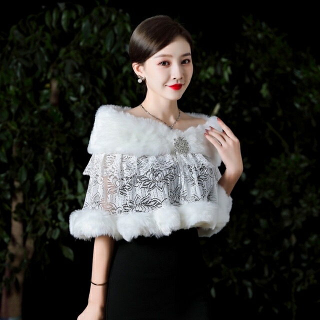 A055976ファーボレロ フェイクファー 結婚式 ポンチョ コート ストール毛皮風ケープ