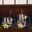 A054021ガラス製ティー・コーヒーカップセットカップ2客 花柄 .上品琺瑯質彩カップ4点セット
