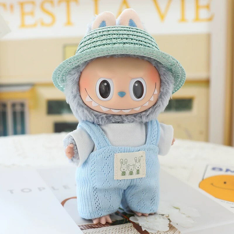 A034580新品3点セットlabubuラブブぬいぐるみ服17cm着せ替え着ぐるみ ライトブルーサロペット 長袖トップス 帽子 おしゃれ