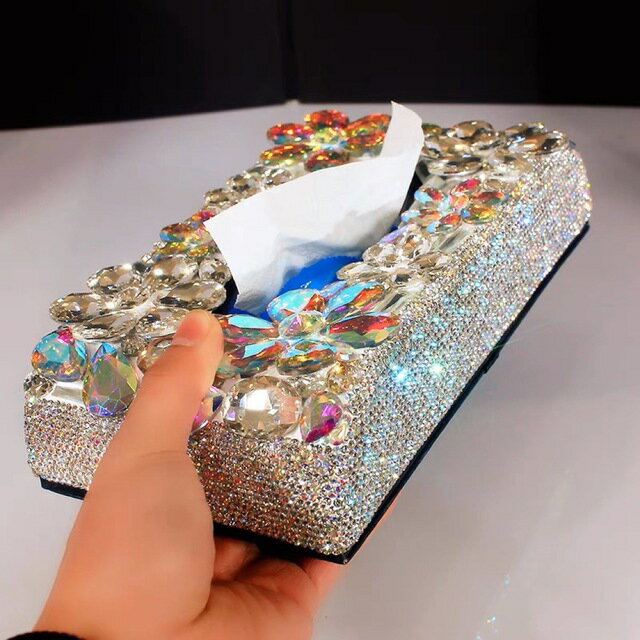 A014519クリスタル ラインストーン飾り 高級感 上品ティッシュケース 車 キラキラ