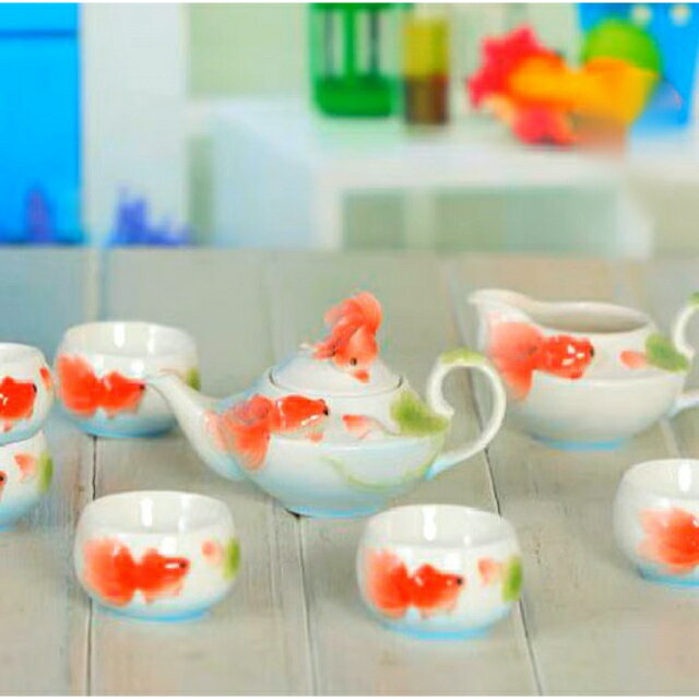 A0149696客茶器揃 湯呑 急須 ポット 茶器セット ティーセット~立体金魚