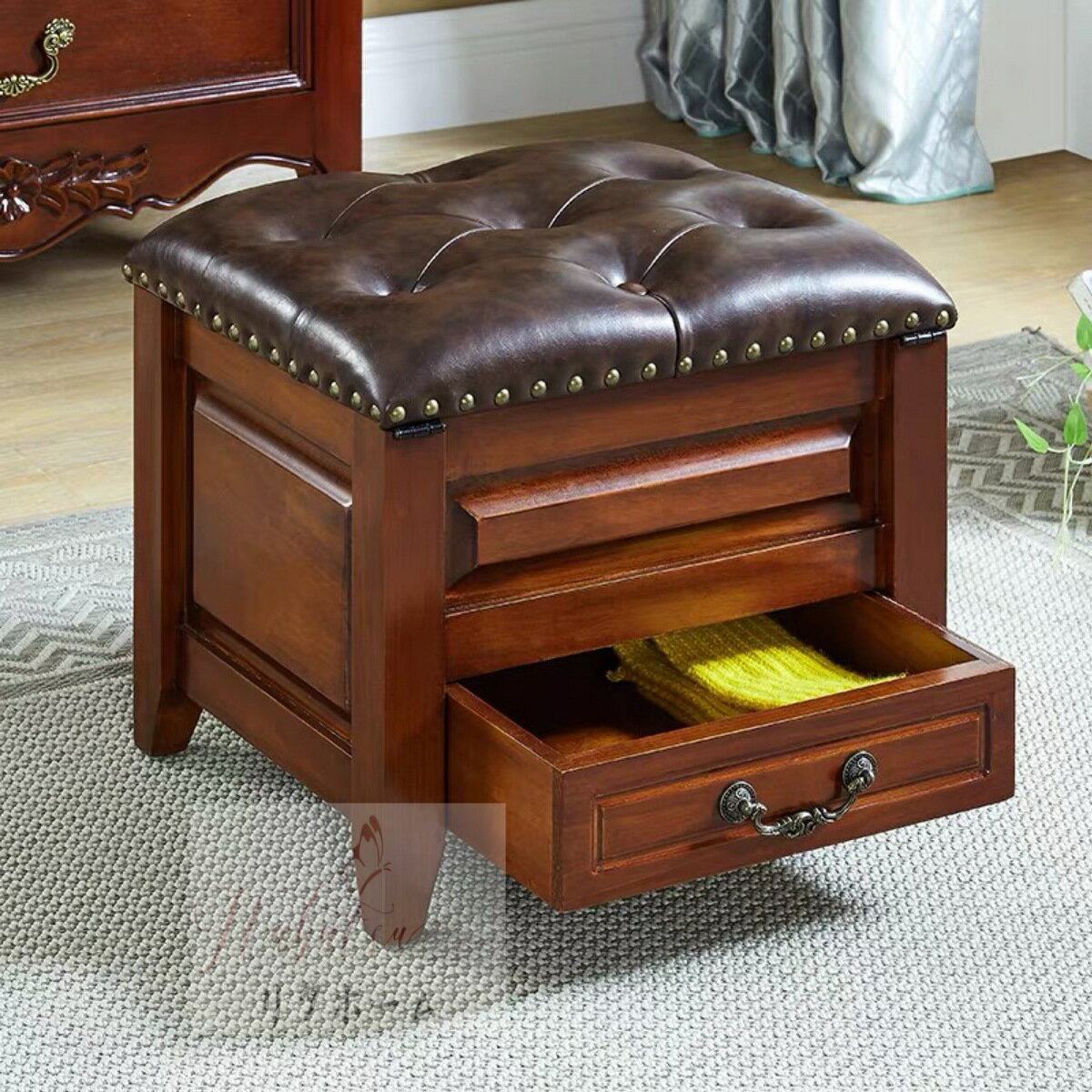 A010228北欧風スツール レザーソファー コーヒーテーブルスツール 木製ベンチ 収納スツール