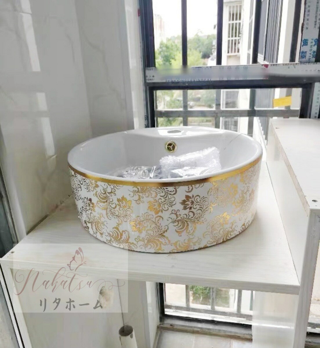 A000694高級洗面台 洗面ボウルセット ．洗面ボール 陶器 手水鉢 蛇口 排水金具付き