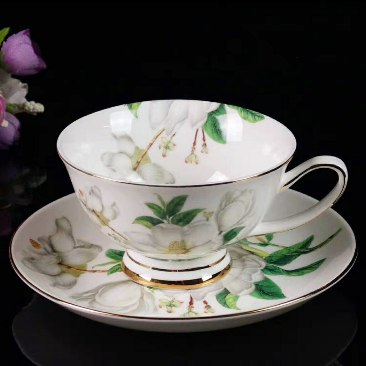 A000809ティー・コーヒーカップセット カップ＆ソーサー4客セット 花柄陶磁器ティーセット