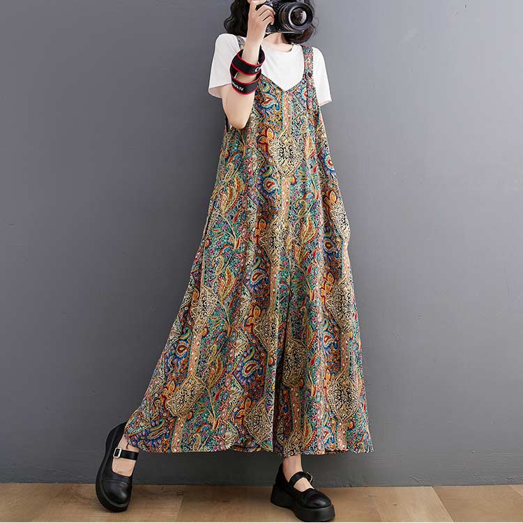 オールインワン サロペット パンツ レディース 花柄 ノースリーブ 春 夏 ロング丈 Vネック ポケット付き ボトムス 総柄 エスニック風 ゆったり 体型カバー ワイドパンツ きれいめ お洒落 シンプル オーバーオール 通勤 通学 お出かけ ガウチョパンツ カジュアル 送料無料