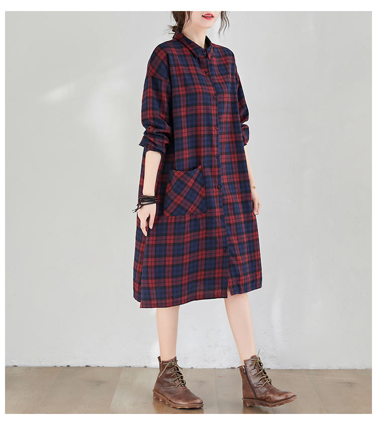 シャツワンピース レディース チェック ロングシャツ ワンピース 長袖 折り襟 ボタン ポケット付き シャツワンピ 綿 フレア ロング丈 羽織 体型カバー ゆったり ロングワンピース オシャレ チュニック カジュアル チェックワンピース 通学 通勤 OL 緑 赤 春 夏 秋 送料無料