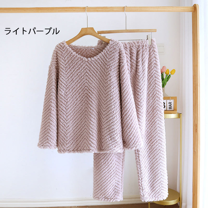 パジャマ レディース ルームウェア 冬 上下セット もこもこ 冬 セットアップ 長袖 vネック 可愛い 長袖 部屋着 寝巻 暖かい あったか リラックス モコモコ プルオーバー トップス パンツ ロングパンツ 2点セット フランネル ナイトウェア 防寒 厚手 冬物 送料無料