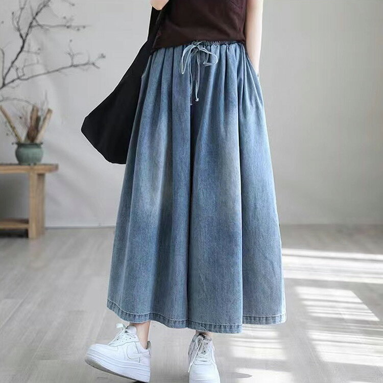 デニムパンツ スカート風 ワイドパンツ レディース デニム パンツ ウエストゴム ロ...