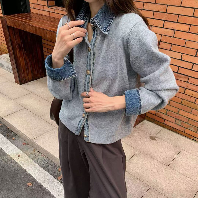 《SALE！2点10%OFFで1点3582円》レイヤード風 デニム ニット カーディガン ドッキング 襟付き カジュアル 重ね着 デニム切替 レディース 配色 ニットカーディガン 長袖 襟付き 異素材 切り替え ジャケット ニットセーター 前開き 羽織り 長袖カーディガン 春 秋冬 ritastore-10002044 RITAストア サンプル画像3