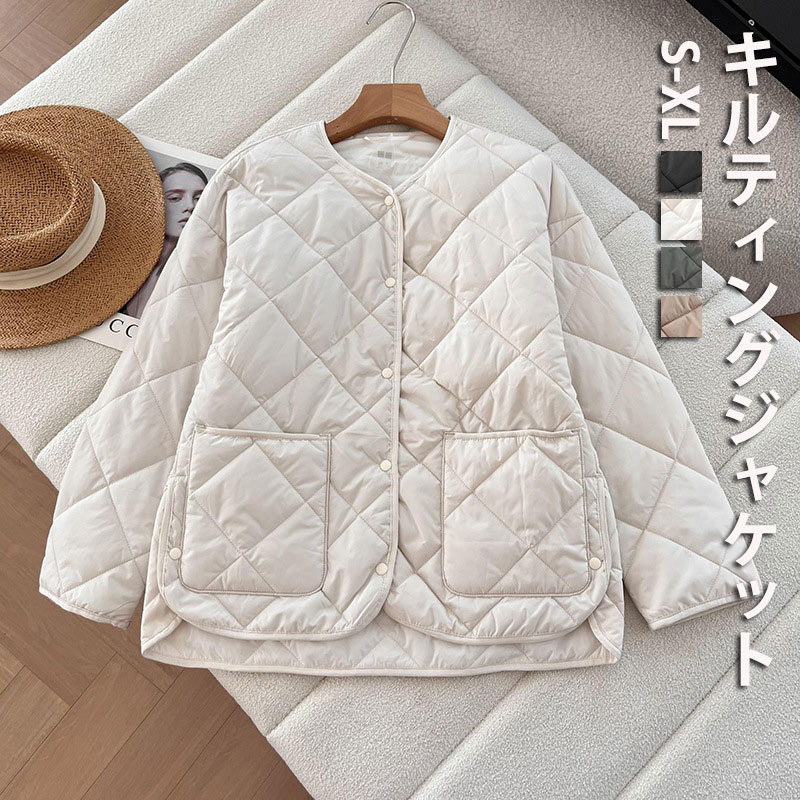 Rakuten - キルティングジャケット レディース 秋冬 キルティング コート ジャケット キルティングコート ノーカラー 中綿入り 中綿コート アウター ジャケット ノーカラージャケット 中綿 軽い 軽量 あったか 秋冬 羽織り 長袖 上着 暖かい 防寒コート 中綿ジャケット ポケット付き