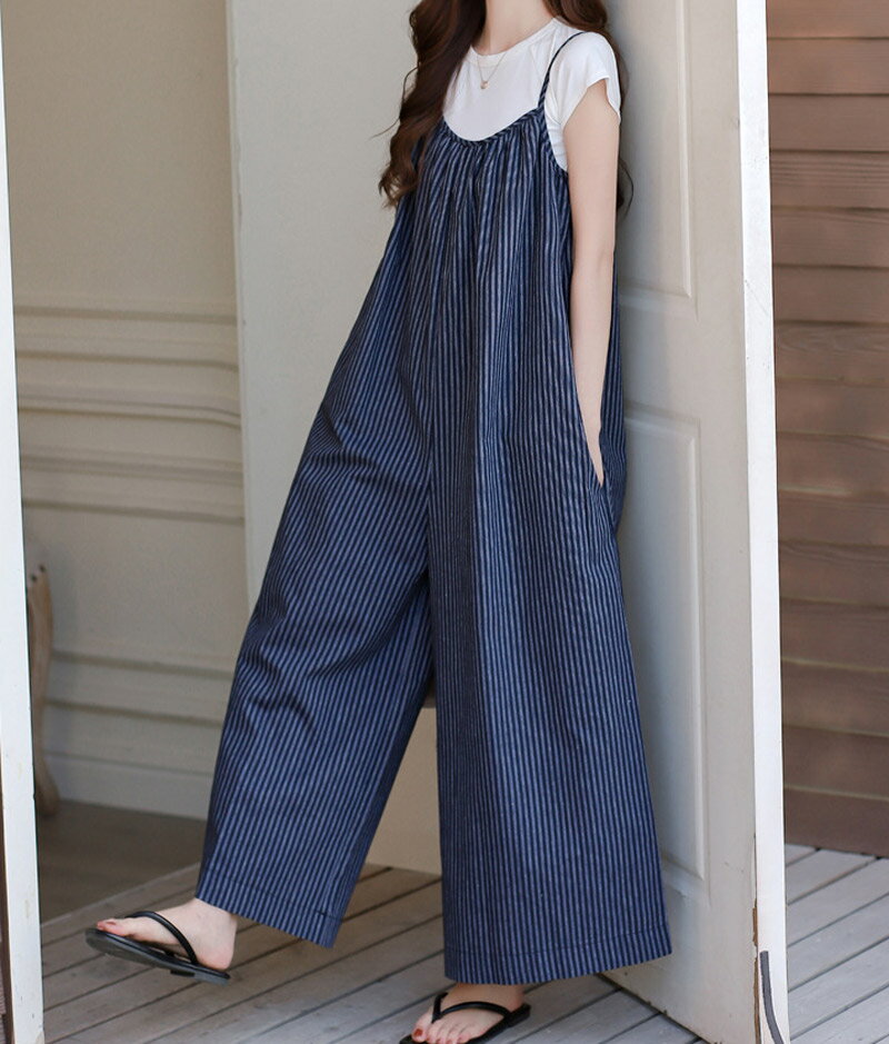 サロペット パンツ ストライプ柄 レディース 夏 オールインワン ワイド サロペットパンツ 春 キャミサロペット 涼しい 薄手 重ね着 サロペ ワイドパンツ ボトムス 体型カバー レイヤード キャミソール オーバーオール 細見え 大人 ポケット 肩紐 調節可
