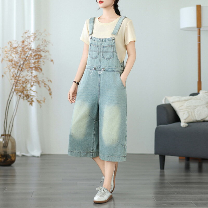 オールインワン デニムサロペット パンツ レディース 七分丈 デニム サロペット ポケット付き ワイドパンツ 春 夏 秋 ボトムス 重ね着 ゆったり 体型カバー ジャンパースカート レイヤード オーバーオール きれいめ カジュアル デニムパンツ お出かけ 大人 通勤 送料無料