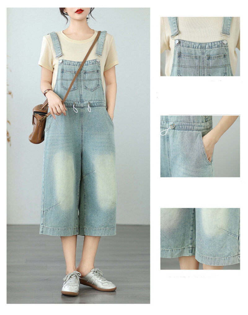 オールインワン デニムサロペット パンツ レディース 七分丈 デニム サロペット ポケット付き ワイドパンツ 春 夏 秋 ボトムス 重ね着 ゆったり 体型カバー ジャンパースカート レイヤード オーバーオール きれいめ カジュアル デニムパンツ お出かけ 大人 通勤 送料無料