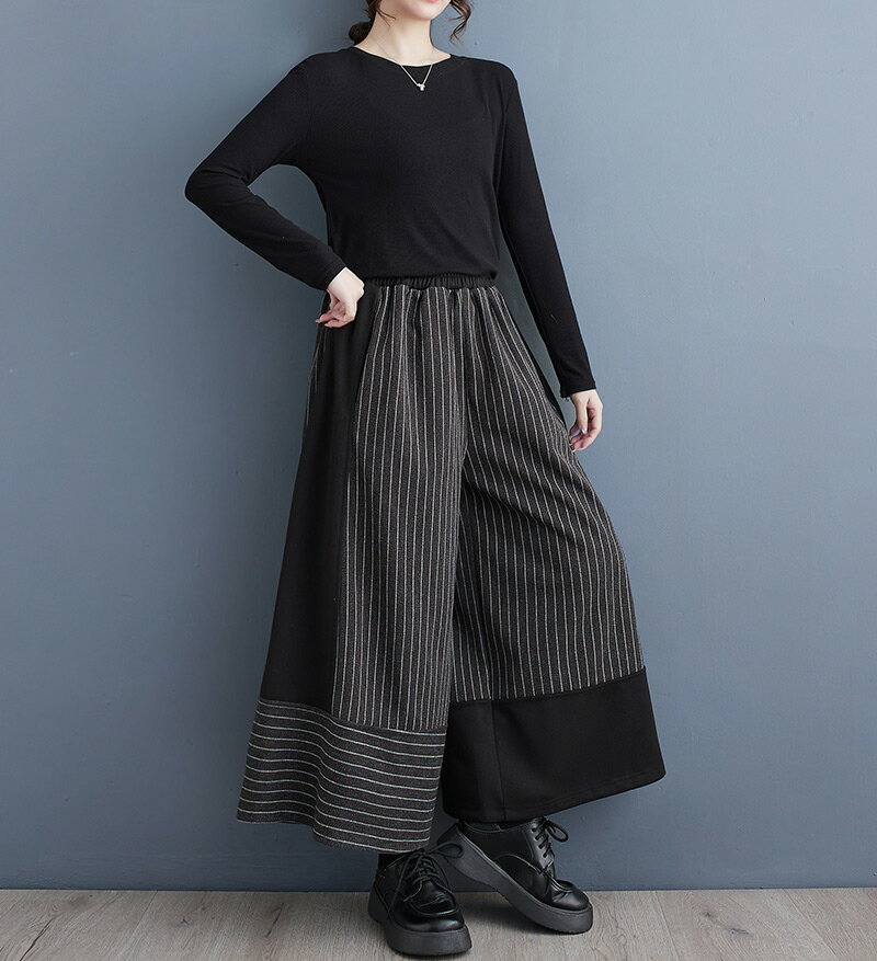 ワイドパンツ 切り替え ガウチョパンツ ウール調 秋冬 レディース ストライプ柄 無...
