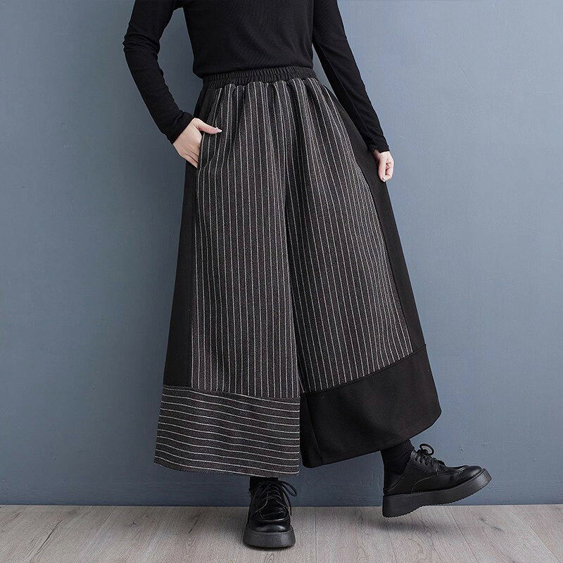 ワイドパンツ 切り替え ガウチョパンツ ウール調 秋冬 レディース ストライプ柄 無...