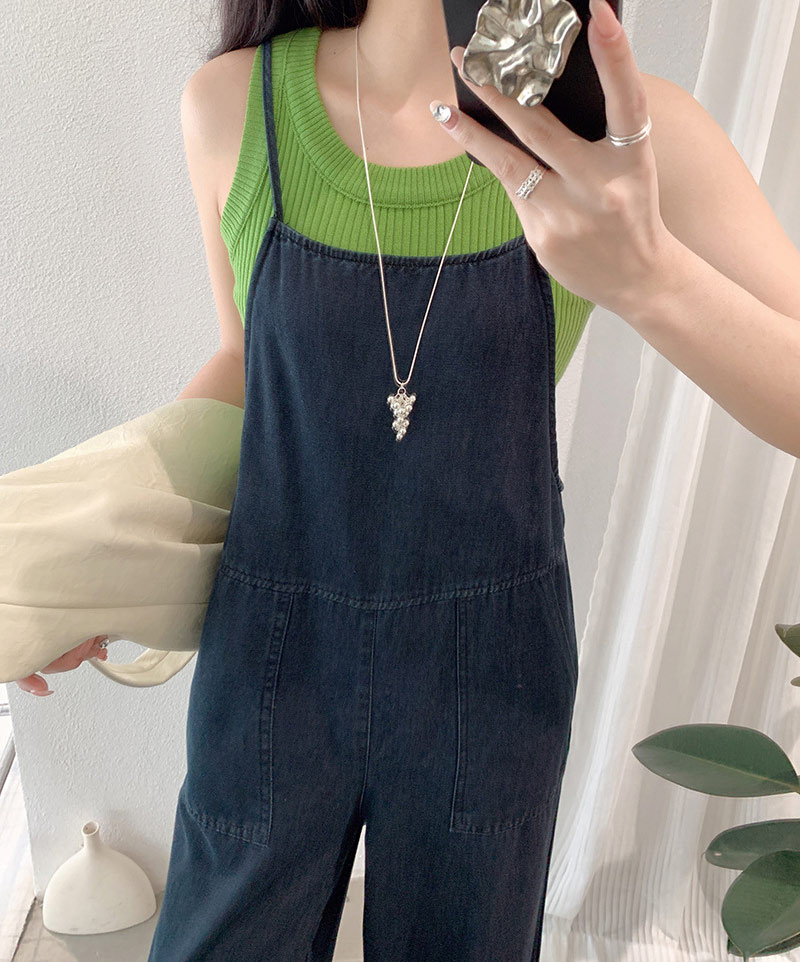 RITAストアのオールインワン デニムサロペット パンツ サロペットパンツ デニム レディース サロペ ワイドパンツ デニムパンツ ワイド ボトム ロング パンツ レイヤード キャミソール ロングパンツ 体型カバー ゆったり 春 夏 重ね着 着痩せ 美脚 ポケット 細めストライプ 調整可｜アングル2