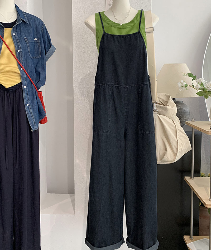 RITAストアのオールインワン デニムサロペット パンツ サロペットパンツ デニム レディース サロペ ワイドパンツ デニムパンツ ワイド ボトム ロング パンツ レイヤード キャミソール ロングパンツ 体型カバー ゆったり 春 夏 重ね着 着痩せ 美脚 ポケット 細めストライプ 調整可｜アングル3