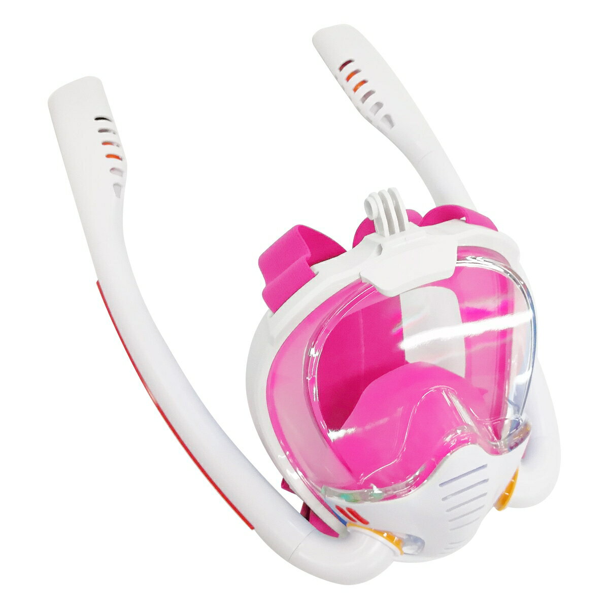 シュノーケルマスク フルフェイス型 ダブルチューブ 180度視野 曇り止め 男女兼用 ダイビング 素潜り スノーケル 水中メガネ ゴーグル マリン 海 川 川遊び 海水浴 遊泳 スポーツカメラ取付可能 簡単装着 ピンク S/M