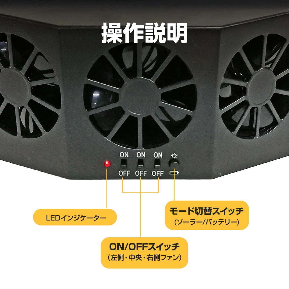 カーソーラーファン車載ファン換気扇扇風機トリプル冷房冷却自動車夏熱中症対策曇り防止太陽電池バッテリー充電消臭脱臭空気清浄省エネエコ簡単取付配線不要ブラック