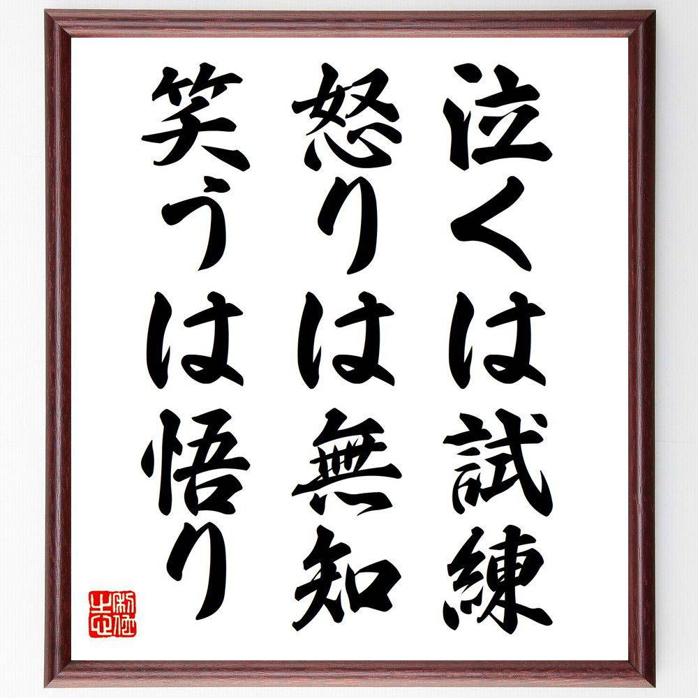 名言「泣くは試練、怒りは無知、笑うは悟り」手書き書道色紙額／受注後の毛筆直筆（感情の意味 名言の解釈 人生の教訓 感情と成長 哲学的思考 自己理解 名言集 人間の本性 名言 格言 座右の銘 プレゼント 贈り物 お祝い 偉人 グッズ 心に響く ～
