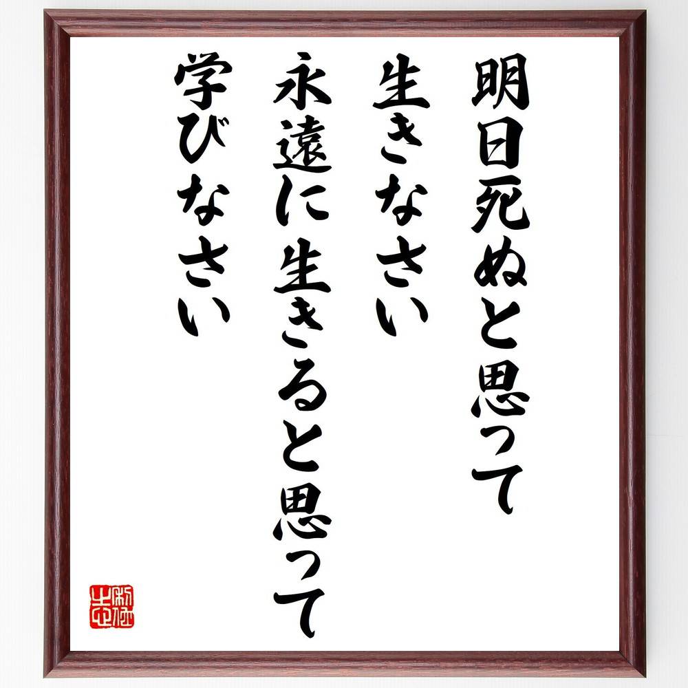 名言「明日死ぬと思って生きなさい、永遠に生きると思って学びなさい」手書き書道色紙額／受注後の毛筆..